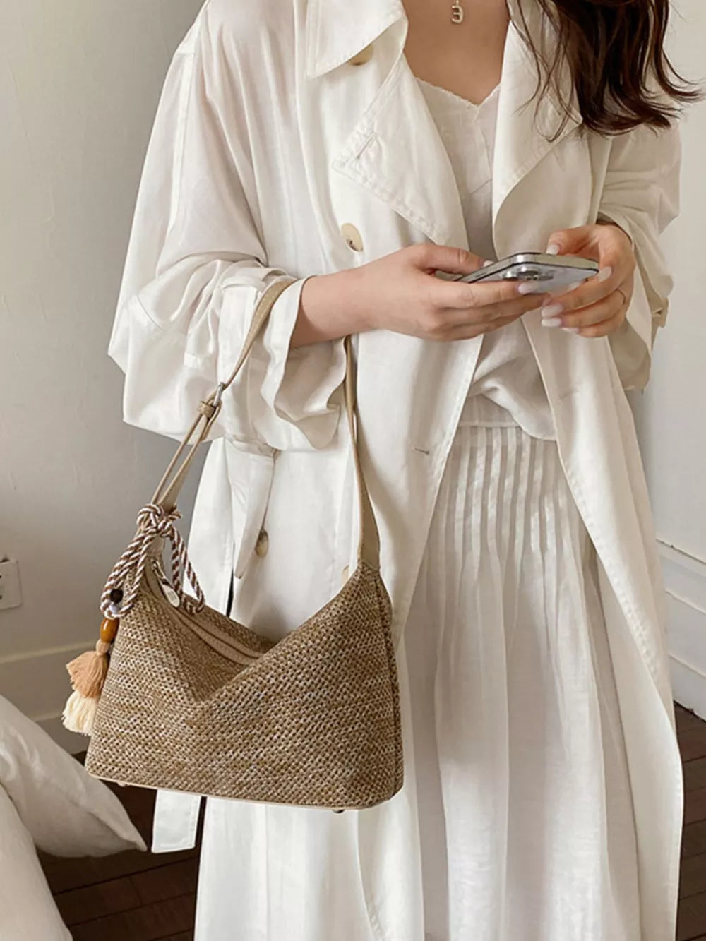 Woven Small Shoulder Bag With Tassel in sage green with tassel detail