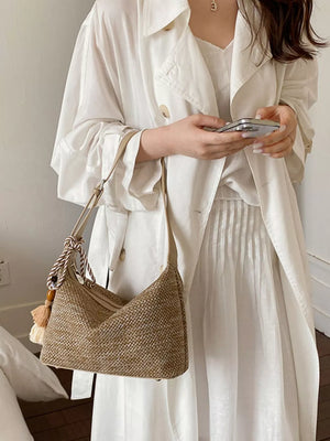 Woven Small Shoulder Bag With Tassel in sage green with tassel detail