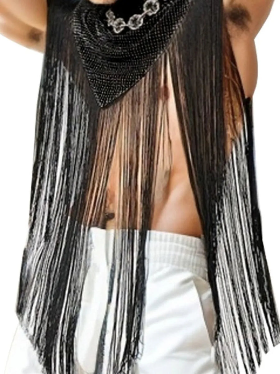 Black embellished collar fringe overlay top with chain detail.