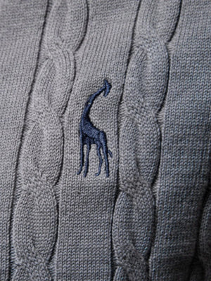 Gray cable knit crewneck sweater with embroidered giraffe detail