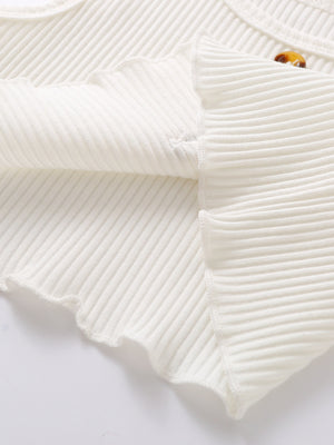 White ribbed cotton toddler tank top with lettuce trim and button detail