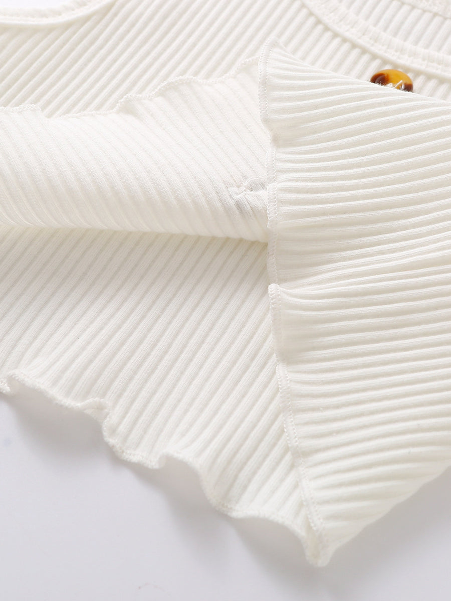White ribbed cotton toddler tank top with lettuce trim and button detail