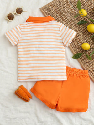 Children's orange and white striped polo shirt with orange shorts.