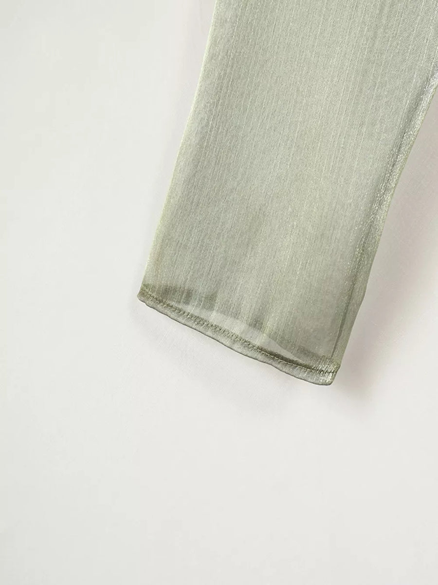 wrap top in metallic olive green with tied and cropped