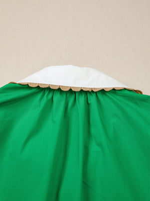 Green cotton blouse with white collar and ricrac trim detail