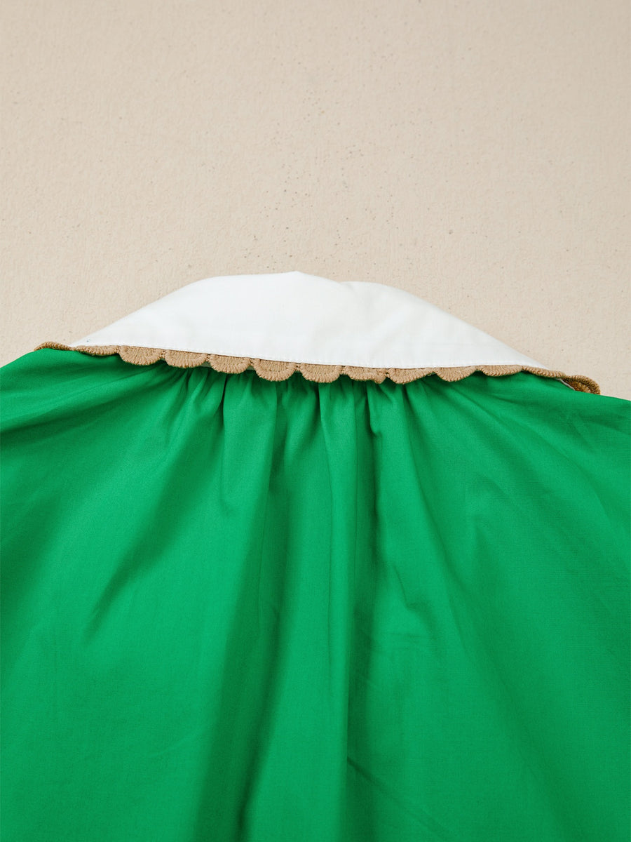 Green cotton blouse with white collar and ricrac trim detail