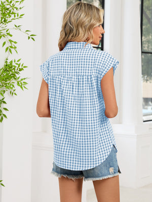Plaid Button Up Cap Sleeve Shirt in Blue, view 14
