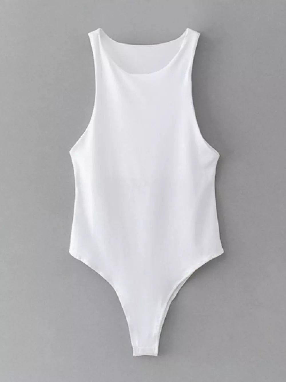 White sleeveless round neck bodysuit with a thong bottom.