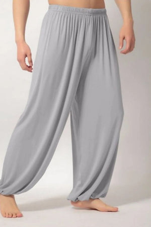 Gray relaxed drape harem pants with elastic waistband and cinched ankles
