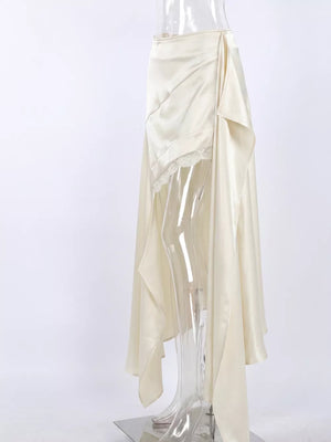 Satin High-low Lace Trim Skirt in Apricot with lace detail