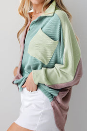 Waffle knit button-up shirt with colorblock panels in dusty pink, mint green, and light green.