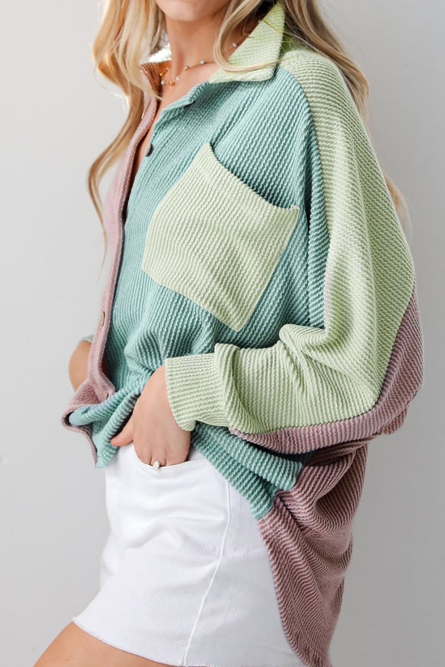 Waffle knit button-up shirt with colorblock panels in dusty pink, mint green, and light green.