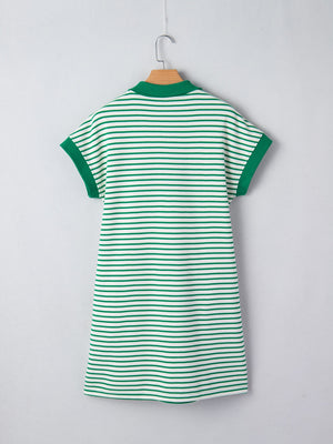 Green and white striped polo collar dress with short sleeves and green trim.