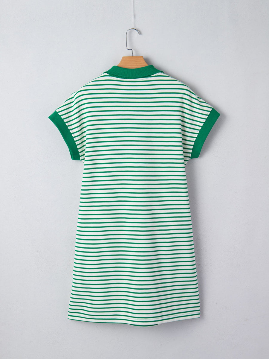 Green and white striped polo collar dress with short sleeves and green trim.