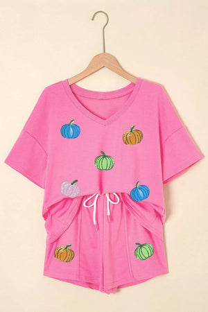 pajama set in Fuchsia Pink with pumpkin and pocketed