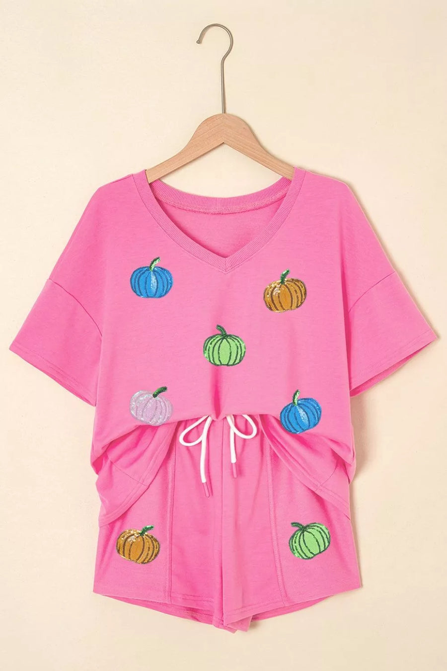 pajama set in Fuchsia Pink with pumpkin and pocketed
