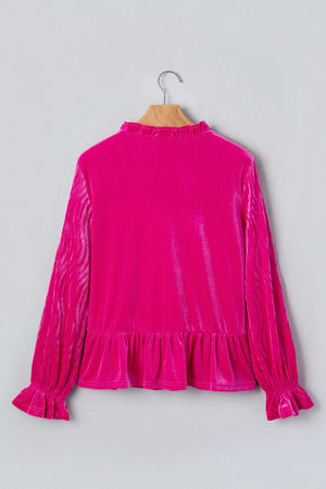Hot Pink with V Neck Velvet Ruffled Cuffs Long Sleeve Top in Hot Pink