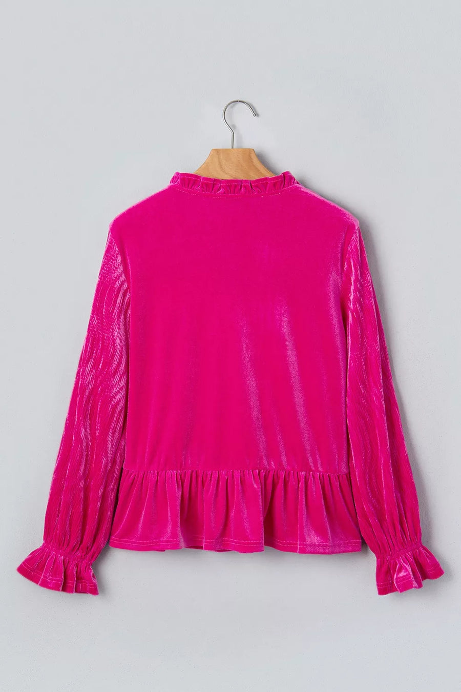 Hot Pink with V Neck Velvet Ruffled Cuffs Long Sleeve Top in Hot Pink