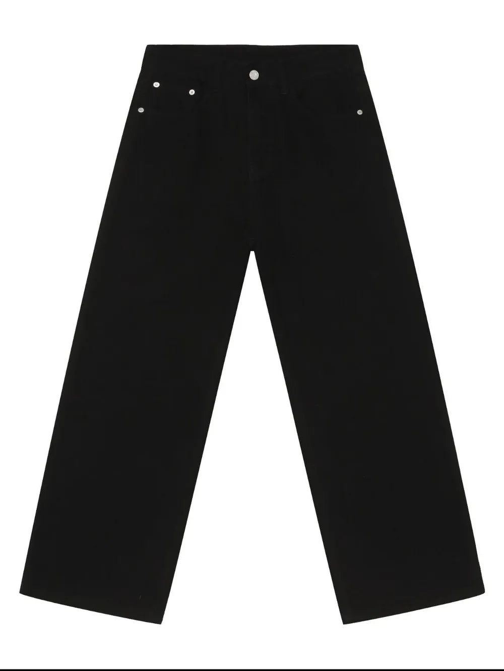 Black rigid denim wide-leg trousers with silver button details.