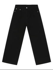 Black rigid denim wide-leg trousers with silver button details.