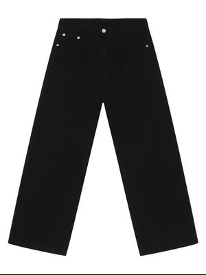 Black rigid denim wide-leg trousers with silver button details.
