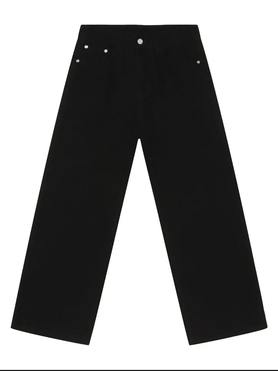 Black rigid denim wide-leg trousers with silver button details.