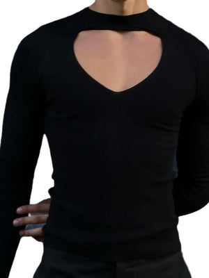 Black ribbed knit sweater with a heart-shaped keyhole cutout neckline and long sleeves.