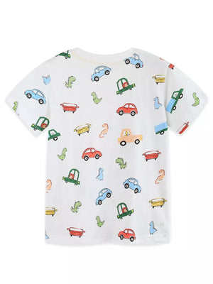 White cotton t-shirt with cartoon cars and dinosaurs print for kids