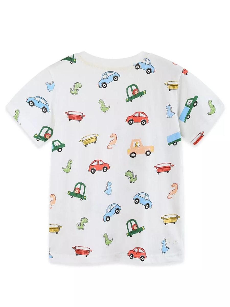 White cotton t-shirt with cartoon cars and dinosaurs print for kids