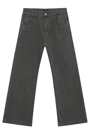 Dark gray washed denim wide-leg trousers with a relaxed fit and classic five-pocket styling.