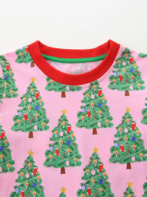 Pink Christmas tree print long-sleeve cotton dress with red trim neckline.