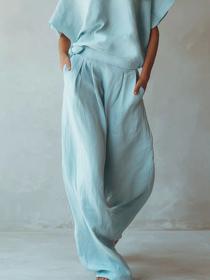 modern two-piece set in Pastel Blue with boat neck