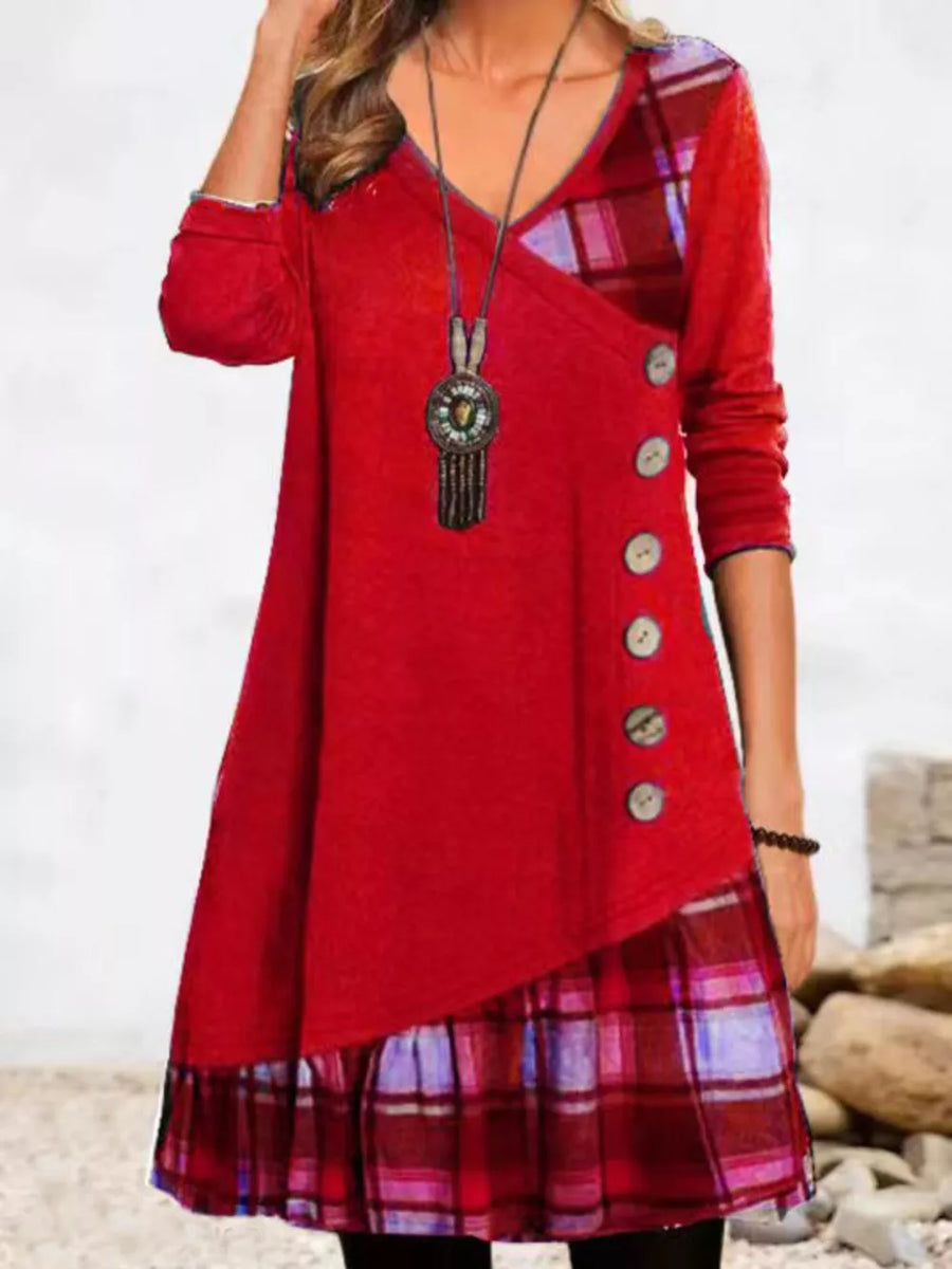 Asymmetrical Plaid Patchwork Long Sleeve Dress in Dark Green