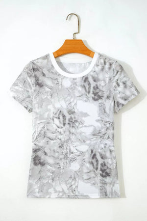 Slim-fit crew neck t-shirt with abstract woodland print in grey and white.