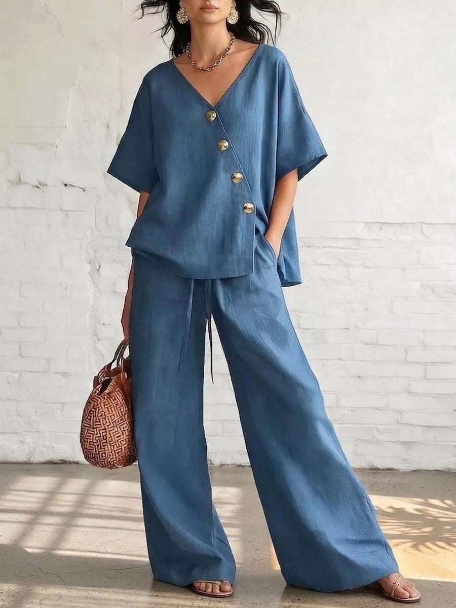 Blue Full Size Surplice Half Sleeve Top And Wide-leg Pants Set