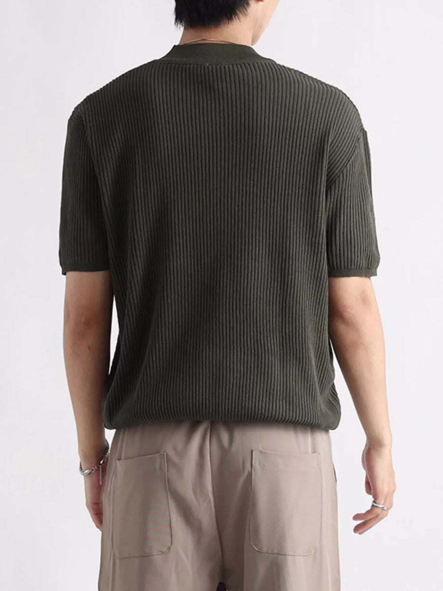 Men's ribbed knit mock neck t-shirt in Army Green, short sleeves, lightweight cotton blend.