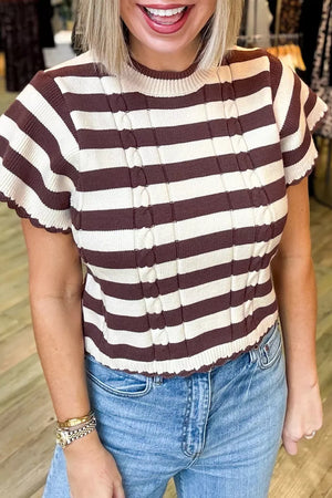 Striped Ribbed Cable Knit Short Sleeve Sweater in Brown