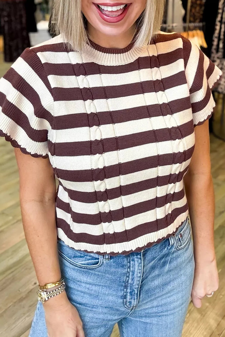 Striped Ribbed Cable Knit Short Sleeve Sweater in Brown