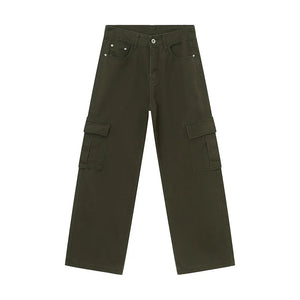 Oversized cargo denim trousers in army green with large side pockets.