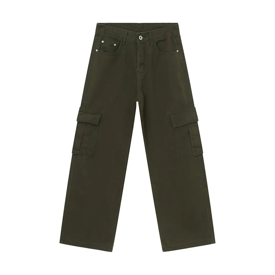 Oversized cargo denim trousers in army green with large side pockets.