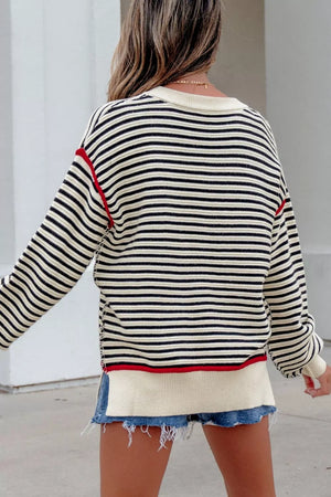 Stripe with Stripe Ribbed Trim Drop Shoulder Oversized Sweater in Stripe