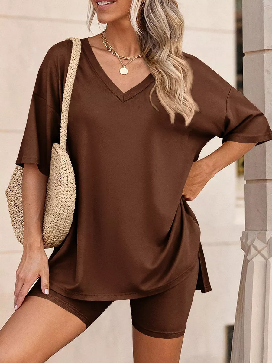 Brown V-neck two-piece set with short sleeves and biker shorts, side slits on top.