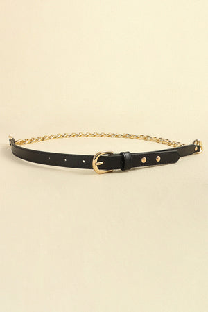 Black leather belt with gold chain accent and gold buckle