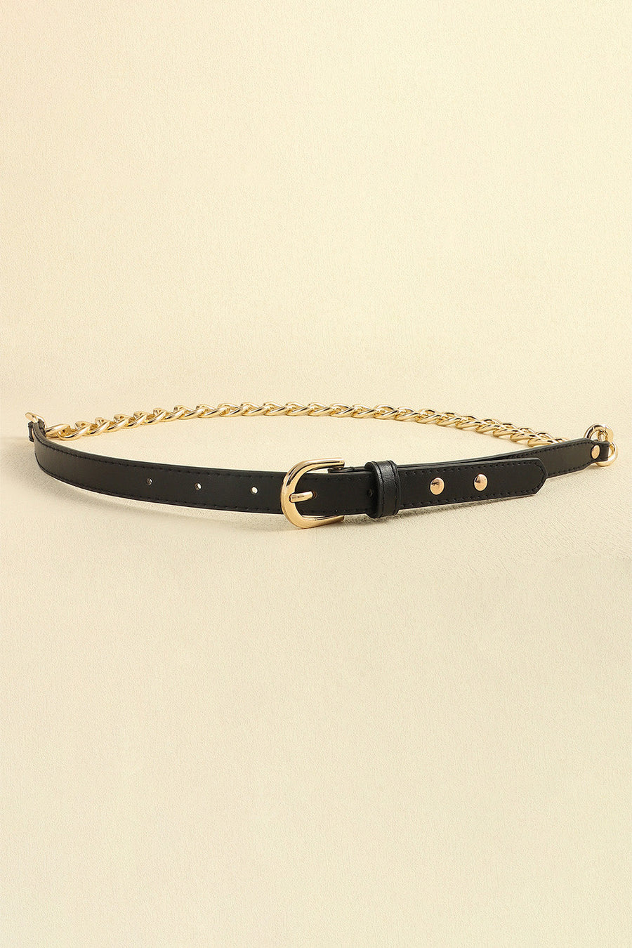 Black leather belt with gold chain accent and gold buckle
