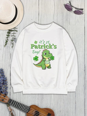 White St. Patrick's Day sweatshirt with a cartoon dinosaur holding a shamrock.