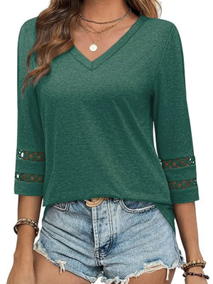 Dark green V-neck t-shirt with 3/4 sleeves featuring cutout details at the cuffs.