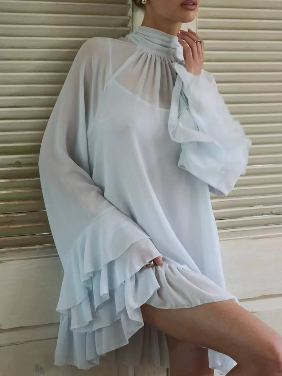 Sky Blue Sheer Mock Neck Flare Sleeve Dress
