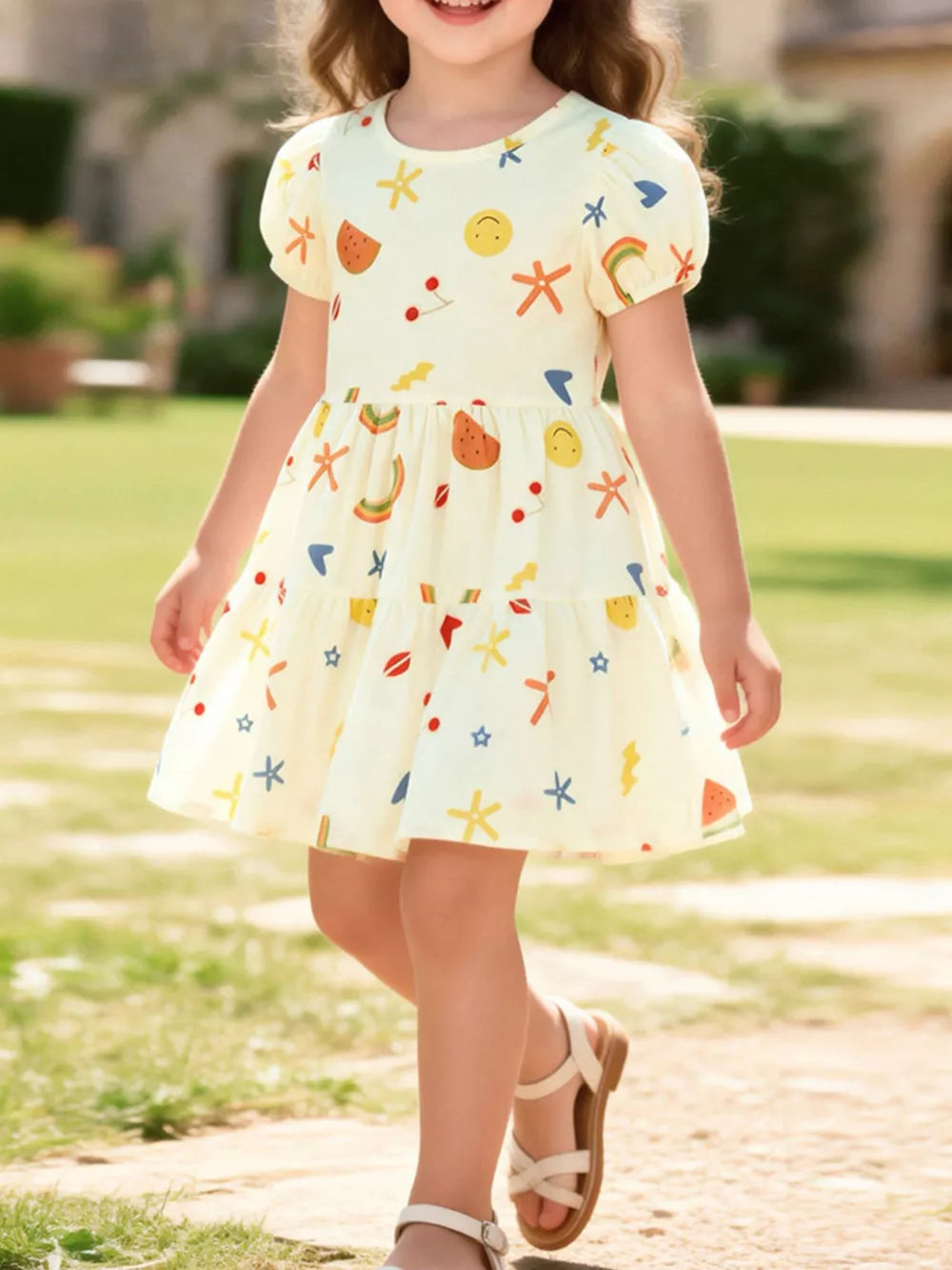 Yellow tiered baby dress with playful fruit, smiley face, and rainbow print.