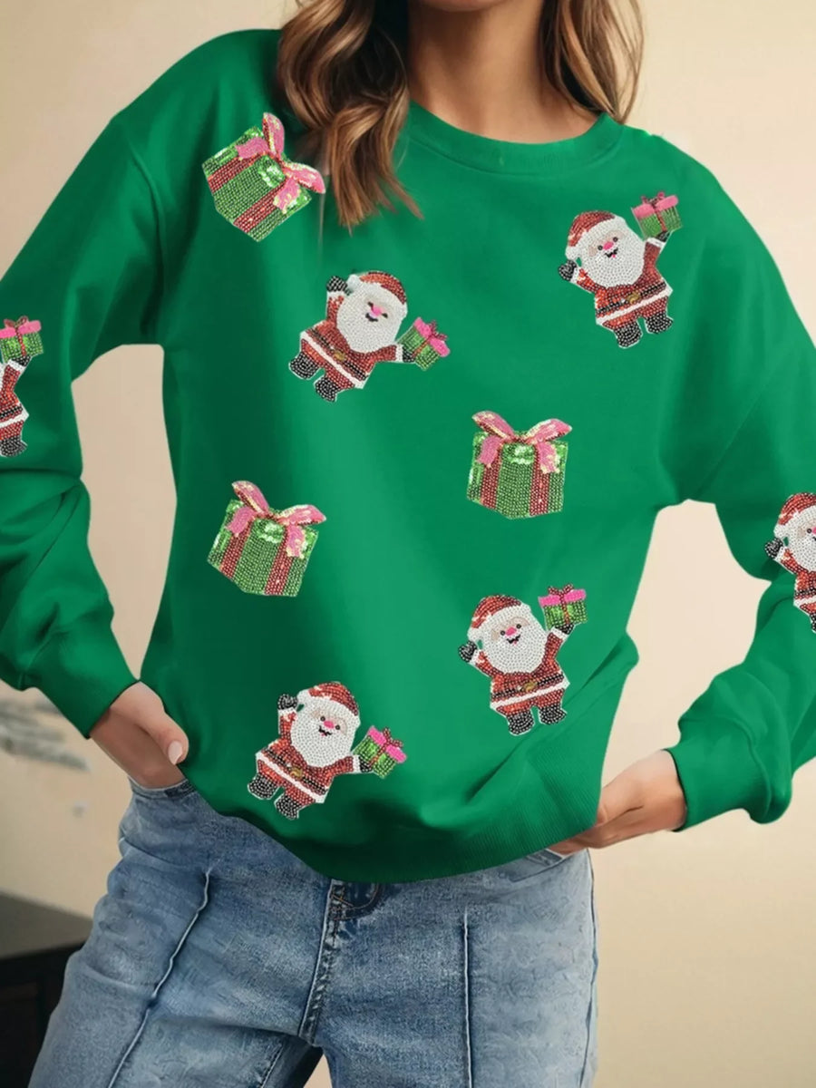 Green sequin Santa sweatshirt with all-over Christmas gift print.