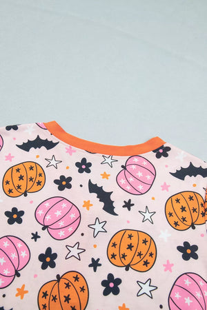 Halloween Pumpkin Print Long Sleeve Home Wear Lounge in orange with buttoned placket